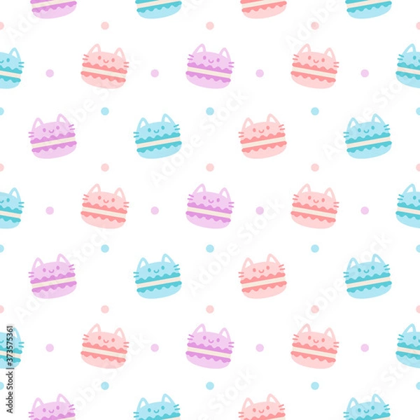 Fototapeta Cute cat macaron dessert seamless pattern background