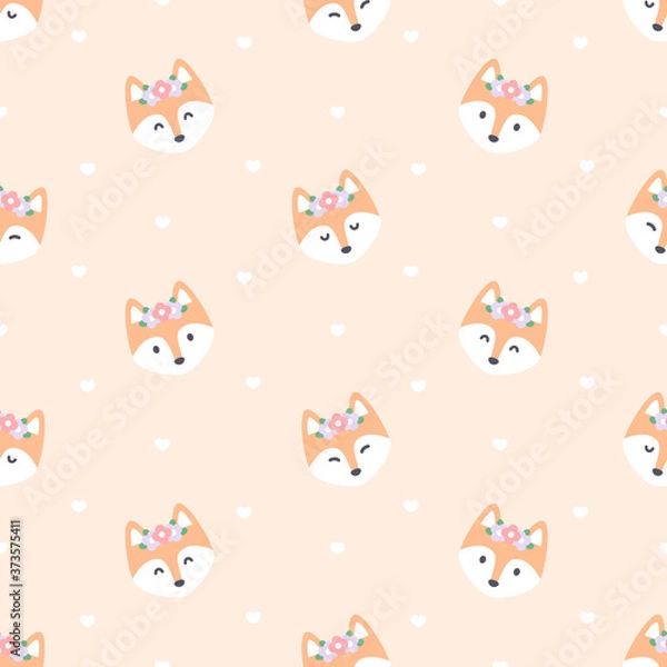 Fototapeta Cute red fox with flower crown seamless pattern background
