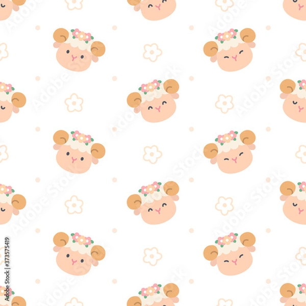 Fototapeta Cute sheep with flower crown seamless pattern background