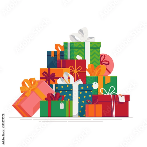 Fototapeta ovely flat vector festive holiday design element on stack or pile of large variety of gift boxes and present packages. Ideal for Christmas themed web and graphic design