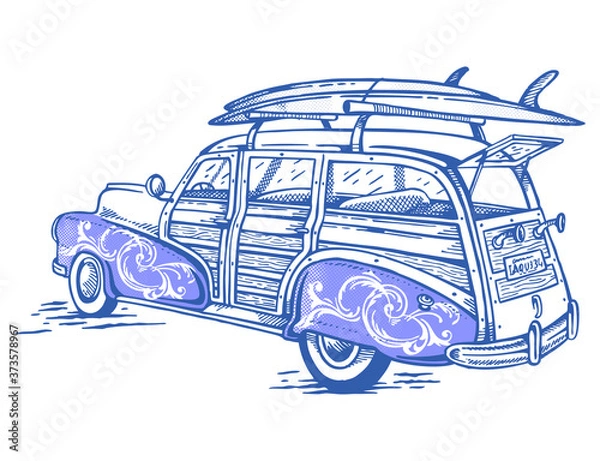 Obraz Colorful vector illustration of vintage surfer car with surfboards on the roof.
