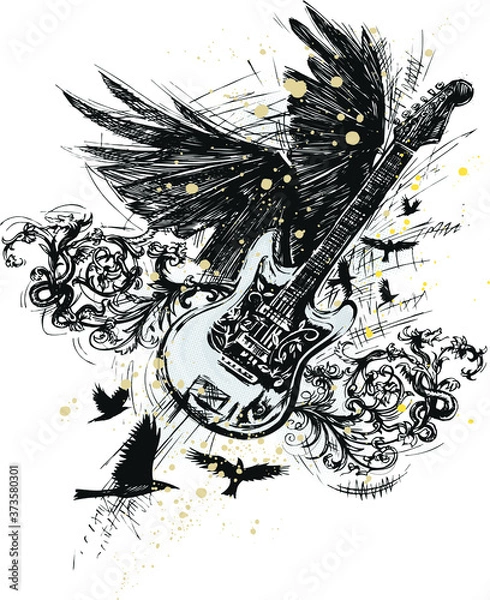 Obraz Vector illustration of guitar with wings, birds and ornaments in scribbled sketch style.