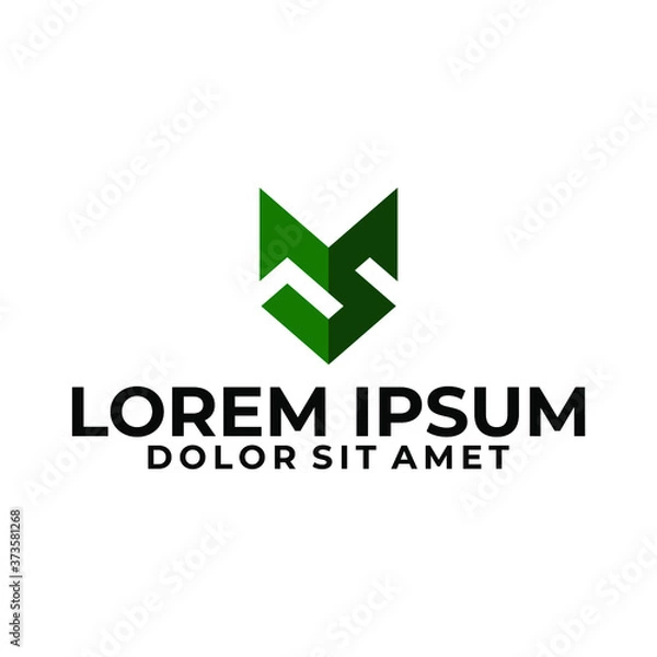 Fototapeta Initial letter JS, MJ or MS logo template with fox head line art illustration in flat design monogram symbol