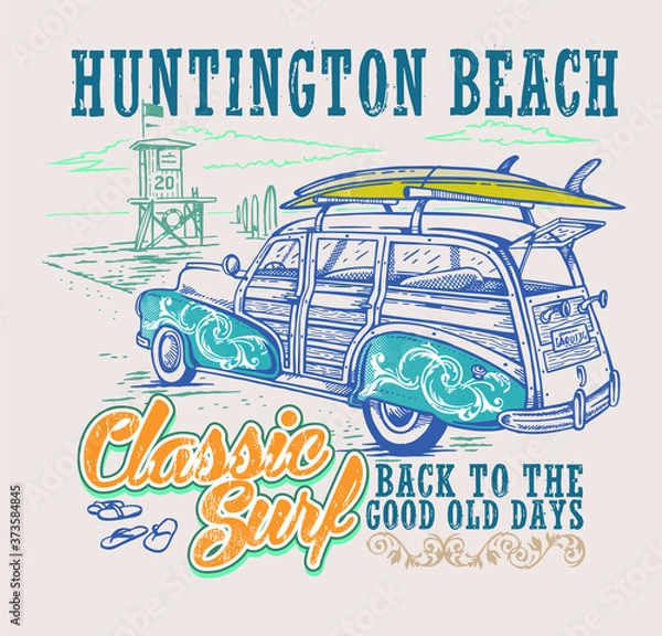 Obraz Vector illustration of surfer car on beach and text landscape.