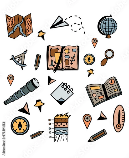 Fototapeta Set of doodles with geographical elements, a globe, a map, a telescope. School geography lesson. Vector illustration with colorful icons.