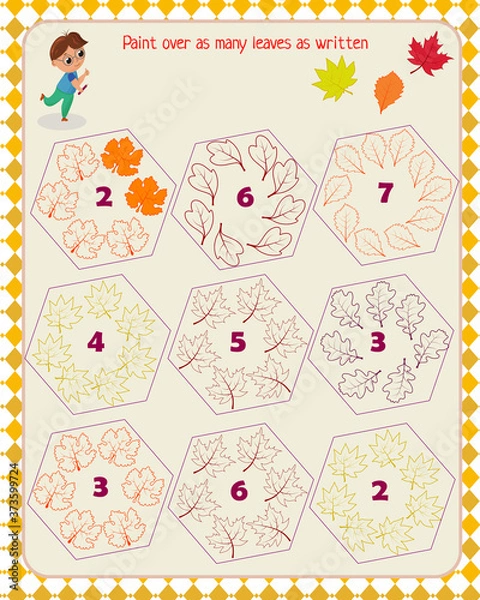 Fototapeta logic game for children. autumn leaves. paint over as many leaves as indicated