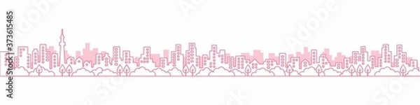 Obraz City View Line  A3見開きレイアウトにちょうどいい線画の都市風景の街並み　ピンク