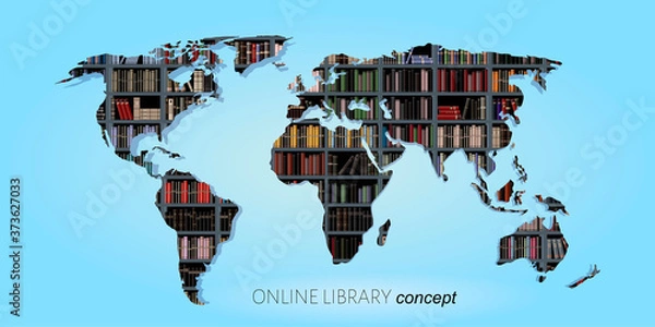 Fototapeta Online library concept. World map on the background of a library, bookshelves with many different books. Distance learning. Vector illustration