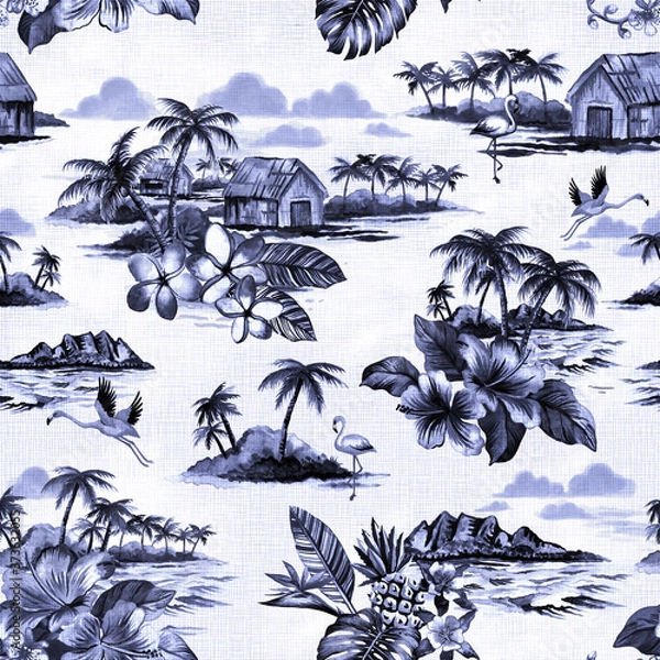 Obraz Vintage Hawaiian Island scene repeating pattern in shades of indigo blue. 