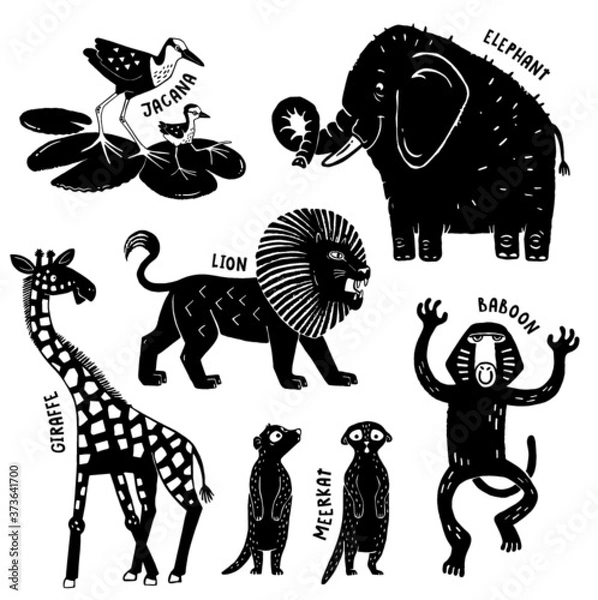 Obraz A set of cute african animals drawn in a rough stamped style. Vector ilustration. 