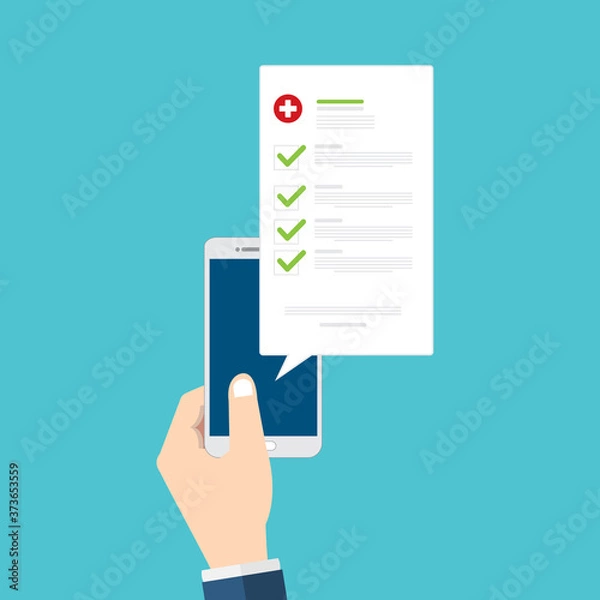 Fototapeta Medical prescription online or digital medicine test results with approved check mark form on mobile phone, cellphone with clinic checklist, flat cartoon modern illustration.