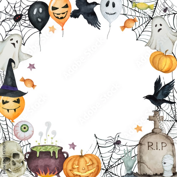 Obraz Watercolor Happy Halloween card isolated on a white background.