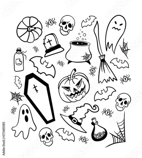 Fototapeta Set of Halloween doodles. Vector illustration with black and white linear elements.