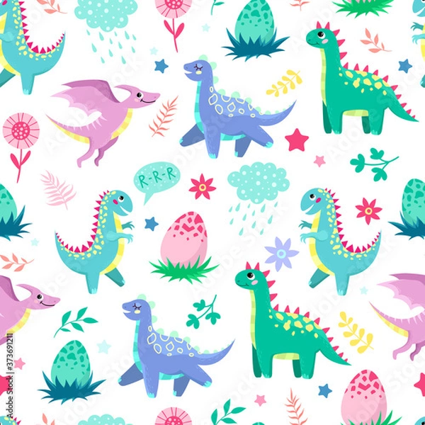 Fototapeta Little cute dinosaurs on a white background. Baby print, seamless pattern.