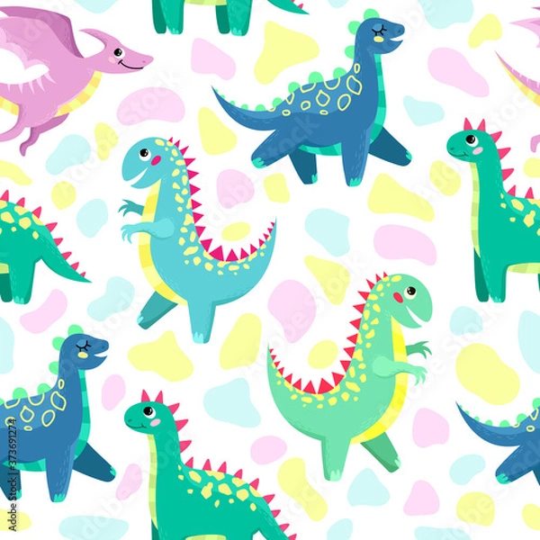Fototapeta Cute colorful dinosaurs on a white background. Children's illustration, seamless pattern.