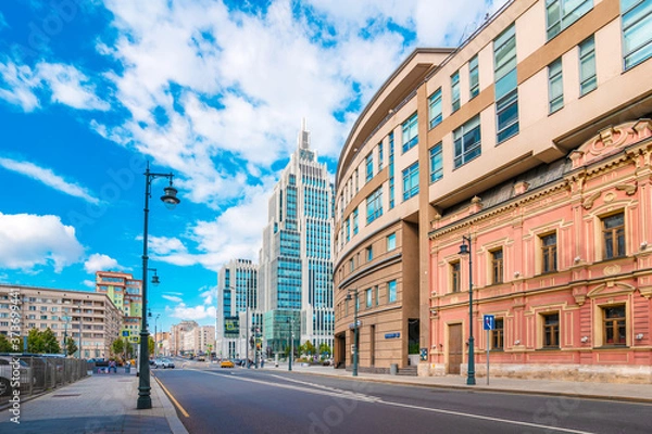 Fototapeta Moscow / Russia - 16 Aug 2020: Panoramic view of Moskovskaya street with a view of the high-rise business center "Armory"