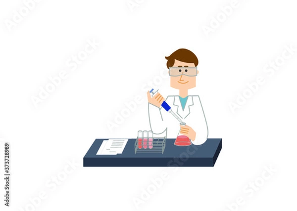 Fototapeta 保護メガネをかけて研究開発中の白衣の男性研究者