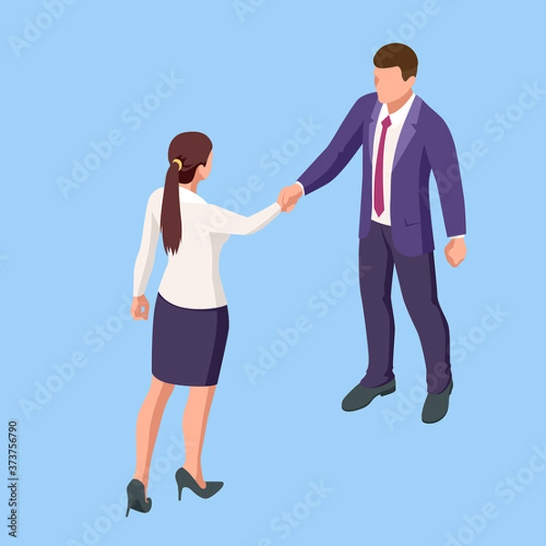Fototapeta Isometric Business to Business Marketing, B2B Solution, business marketing concept. Two business partners shaking hands.