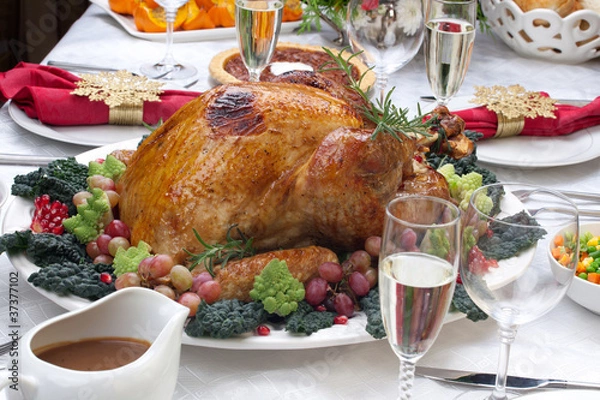 Obraz Roasted Turkey and Christmas Tree