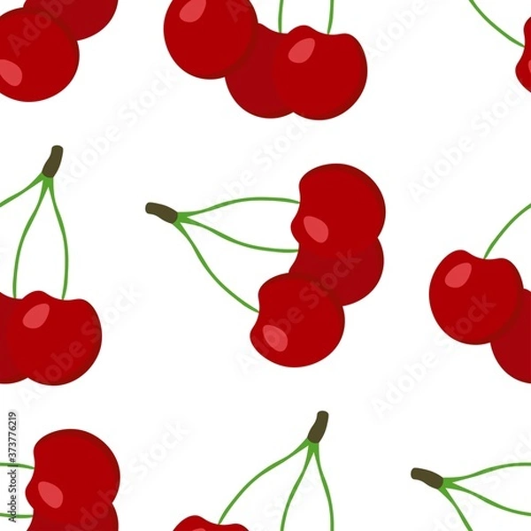 Fototapeta 
Seamless pattern with bright red and juicy large cherries on a white background. Print for bed linen and fabrics, wrapping paper and wallpaper.
 Stock vector illustration for decoration and design.