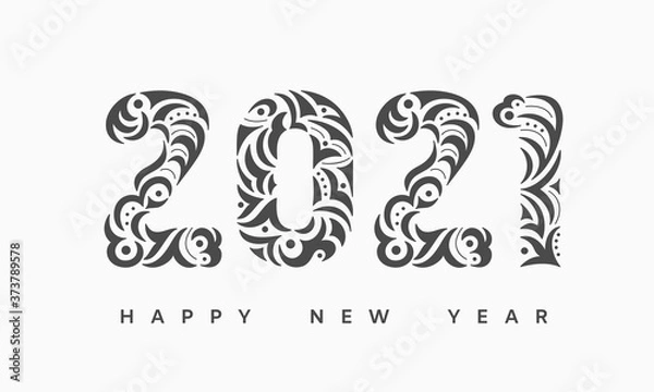 Fototapeta Happy 2021 new year greeting card. Openwork hand drawn numbers lettering 2021