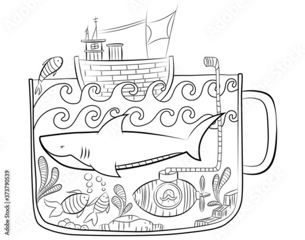 Fototapeta Cartoon vector nursery shark coloring page. Fully editable. Cute illustration on white background. Ready for print. Can be used for coloring book, sticker, poster, print, fabric, textile
