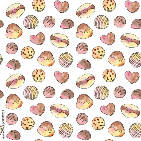 Obraz Seamless pattern with cookies and pastries painted in watercolors on a white isolated background. Perfect for wrapping paper, birthday parties, Valentine's Day and cafe design. 