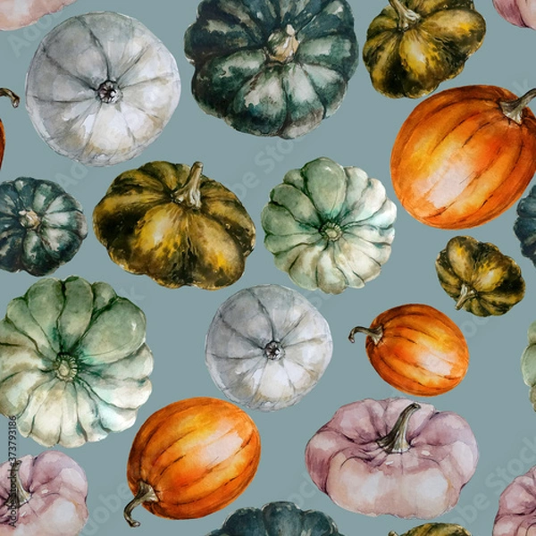 Fototapeta Seamless pattern with watercolor different pumpkins.