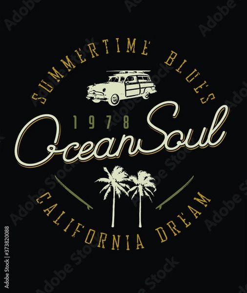 Obraz Colorful vector illustration of surfer car with text around it, palm trees and surfboards.