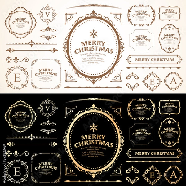 Fototapeta クリスマスのフレームセット、リースのデザイン、オーナメントや装飾デザイン