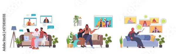Obraz set mix race grandparents parents and children having virtual meeting during video call family chat communication concept living room interior horizontal full length vector illustration
