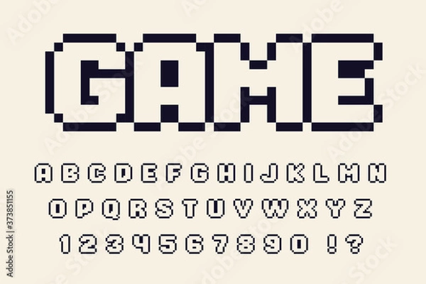 Fototapeta Pixel monochrome retro font Video computer game design 8 bit letters and numbers Vector alphabet