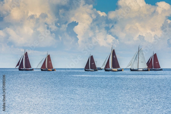 Fototapeta IJsselmeer, City of Hindeloopen, province Friesland, Netherlands, September 3, 2017: Skegrace with traditional Friese sailing ships named skutsjes