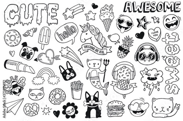 Fototapeta A set of teen culture graffiti doodles suitable for decoration, badges, stickers or embroidery. Vector illustrations.
