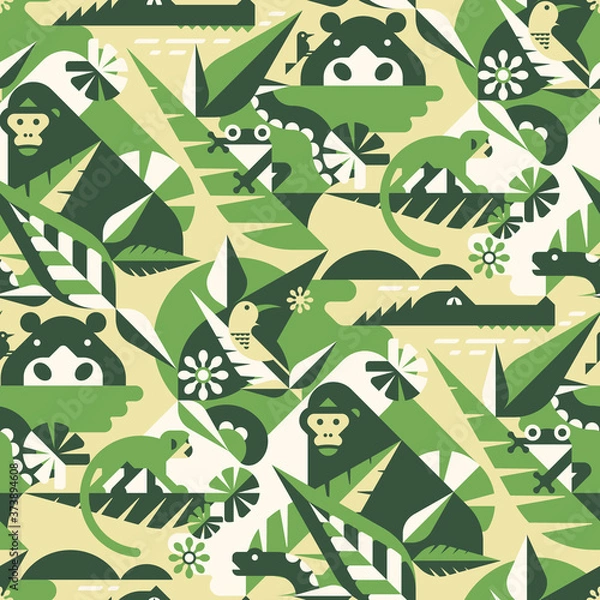 Fototapeta African jungle seamless pattern with gorilla, birds, hippo, monkey. crocodile, frog, snake, leaves and flowers. Perfect for camouflage fabric, textile, wallpaper. Animal design pattern. 