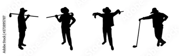 Fototapeta The farmer standing and posing with hoe. Different character. Silhouette vector design. Gardener, field, agriculture. 