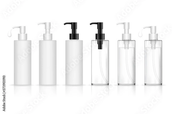 Obraz Cosmetic transparent plastic bottle with dispenser pump. Skin care bottles for shower gel, liquid soap, lotion, cream, shampoo, bath foam. Beauty product package. Vector illustration.