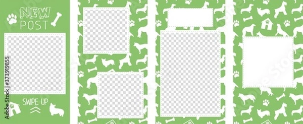 Fototapeta Vector editable stories templates, posts for social media. Green color, dog, paw and bone doodle symbols. Veterinary clinic or pet shop concept, isolated on white background