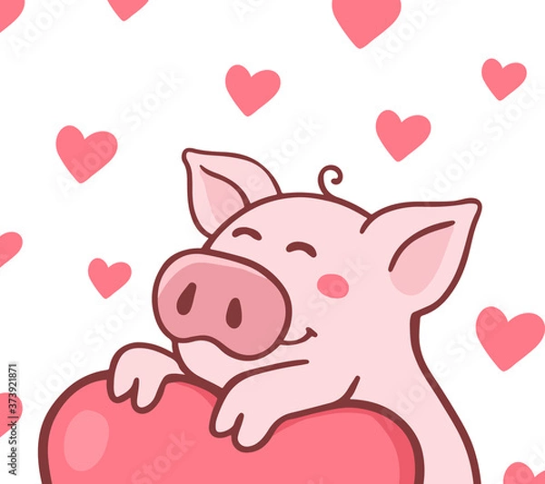 Obraz Vector illustration of happy cartoon enamored pig with pink heart on white background.