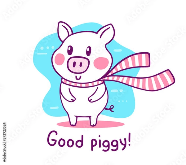 Obraz Vector illustration of nice cartoon pig with long winter striped scarf, pink cheeks, text on white background.