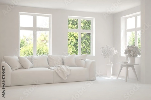 Fototapeta White living room with sofa and summer landscape in window. Scandinavian interior design. 3D illustration