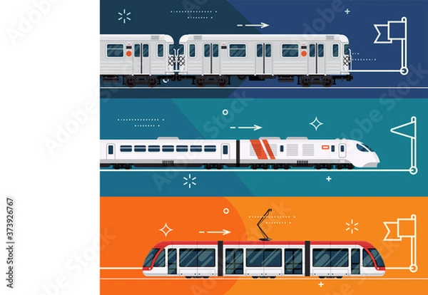 Fototapeta Set of railway transport horizontal banner templates with subway train, express high speed train and city urban area modern tram