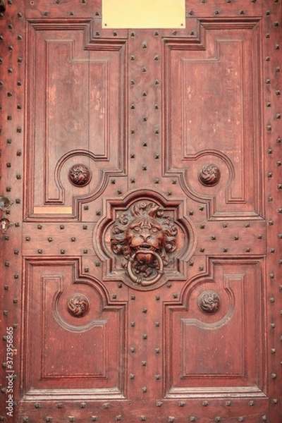Fototapeta wooden carved door with a handle in the form of a lion s head