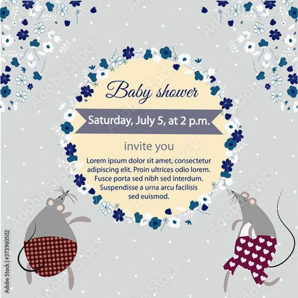 Obraz Vintage invitation card with mouses, floral frame, vector illustration