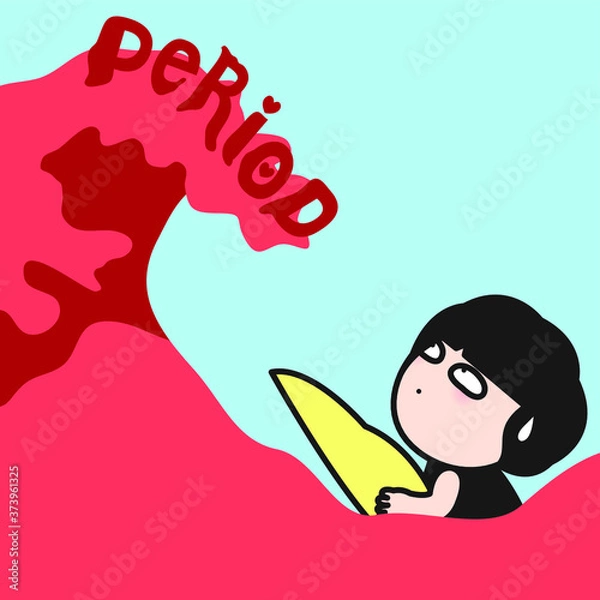 Obraz Surfer Girl Shocked Looking At Big Red Wave With Text Period On Concept Card Character illustration