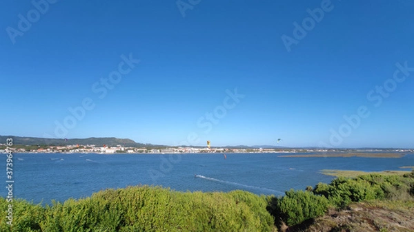 Fototapeta action, activity, adrenalin, adventure, aquatic, background, beach, blue, board, boat, coast, coastline, danger, excitement, exercise, fun, hobby, horizon, kite surf, kite surfer, landscape, leisure, 