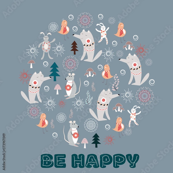 Obraz Card with cute animals, be happy, vector illustration