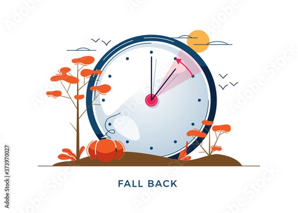 Fototapeta Daylight Saving Time concept. Autumn landscape with text Fall Back, the hand of the clocks turning to winter time. DST in Northern Hemisphere, USA time, vector illustration in modern flat style design