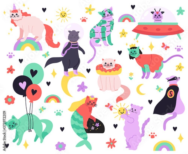 Fototapeta Funny cartoon cats. Kitty mermaid, unicorn, superhero, astronaut and alien characters, colorful cute fairy cats isolated illustration icons set. Kitty sweet, doodle unicorn cat and superhero