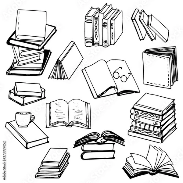 Fototapeta Książki doodle zestaw ikon liniowych kolorów. Cienka linia otwartych i zamkniętych książek leżących na stole, w stos ręcznie rysowane ilustracji. Okulary i kubek na księgozbiór. Elementy wektorowe na białym tle